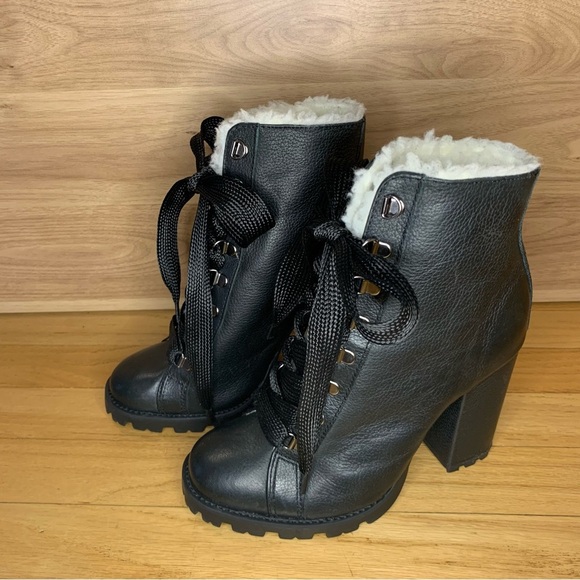 Schutz Zhara Lace Up Leather Faux Fur Combat Lug Boots - Size 7.5 - Picture 1 of 8